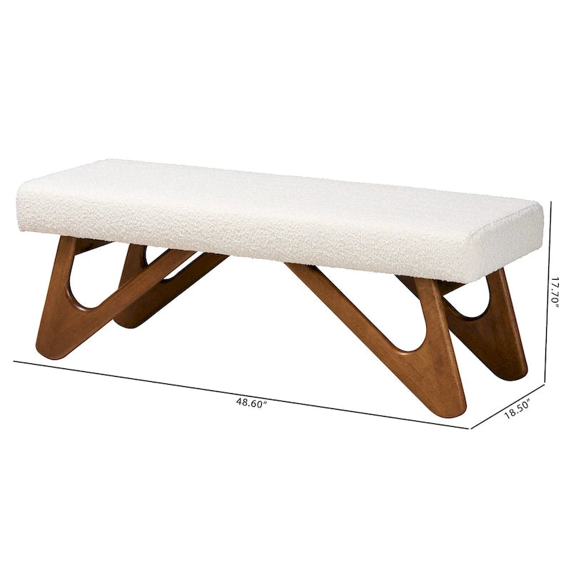 Banc Rika Japandi en tissu bouclé crème et bois de noyer marron