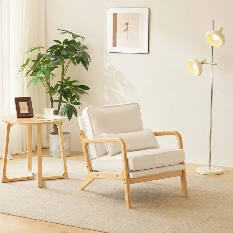 Fauteuil d'appoint rembourré en mélange de lin grossier avec pieds en bois et un oreiller