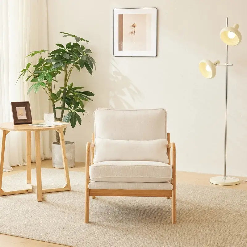 Fauteuil d'appoint rembourré en mélange de lin grossier avec pieds en bois et un oreiller