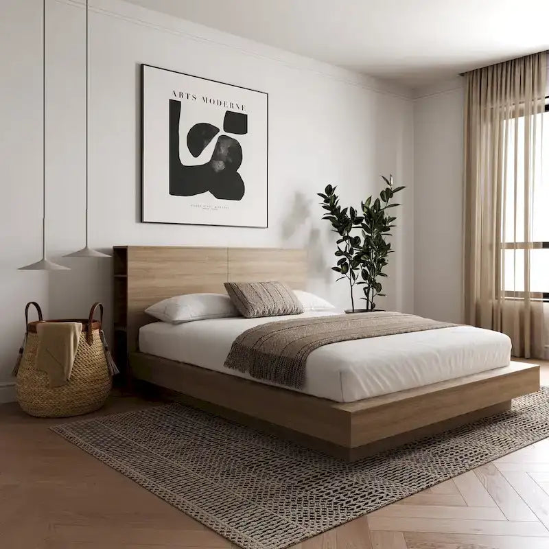 Lit plateforme avec tête de lit de rangement
