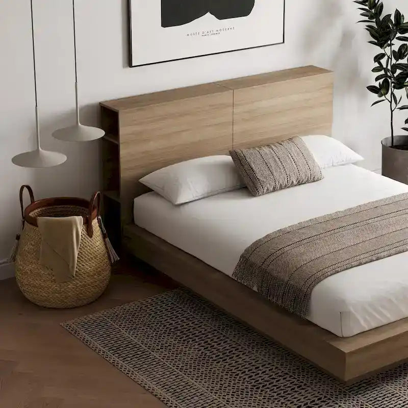 Lit plateforme avec tête de lit de rangement