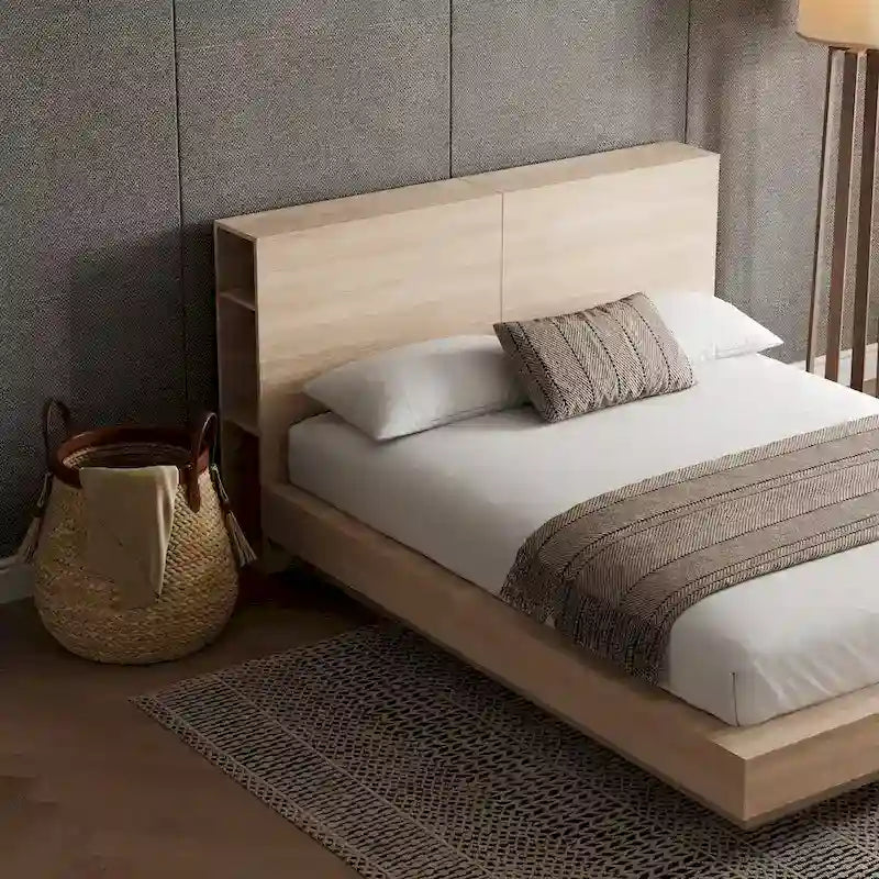Lit plateforme avec tête de lit de rangement