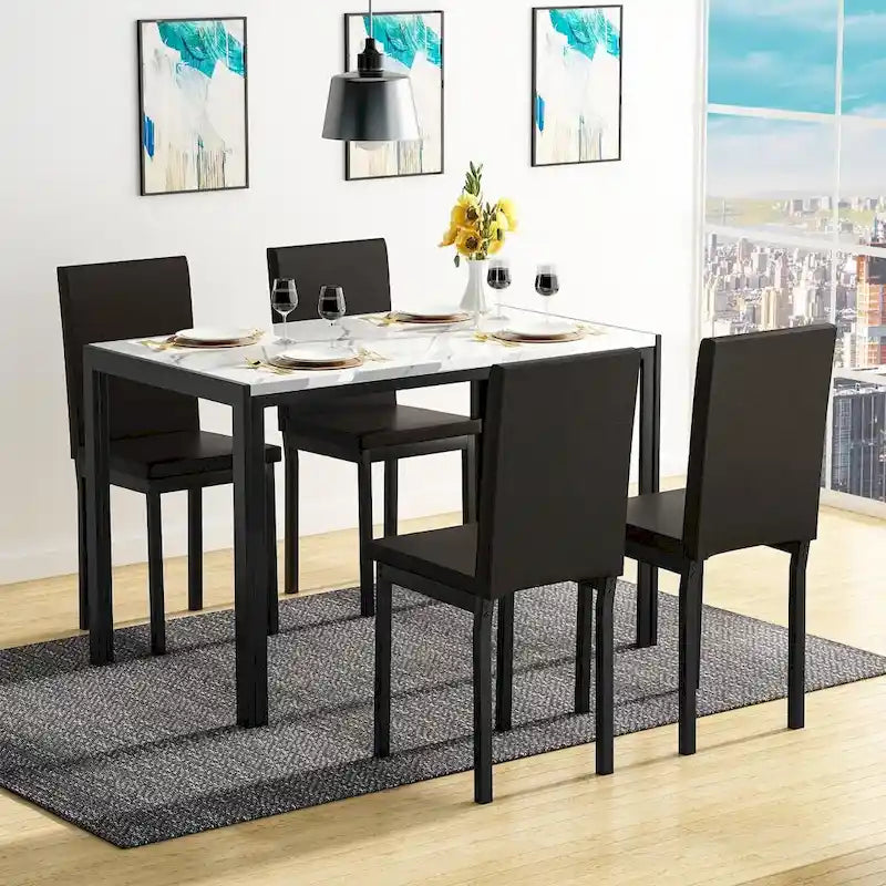 Ensemble de salle à manger 5 pièces avec plateau en faux marbre et 4 chaises rembourrées en cuir PU pour cuisine et salle à manger