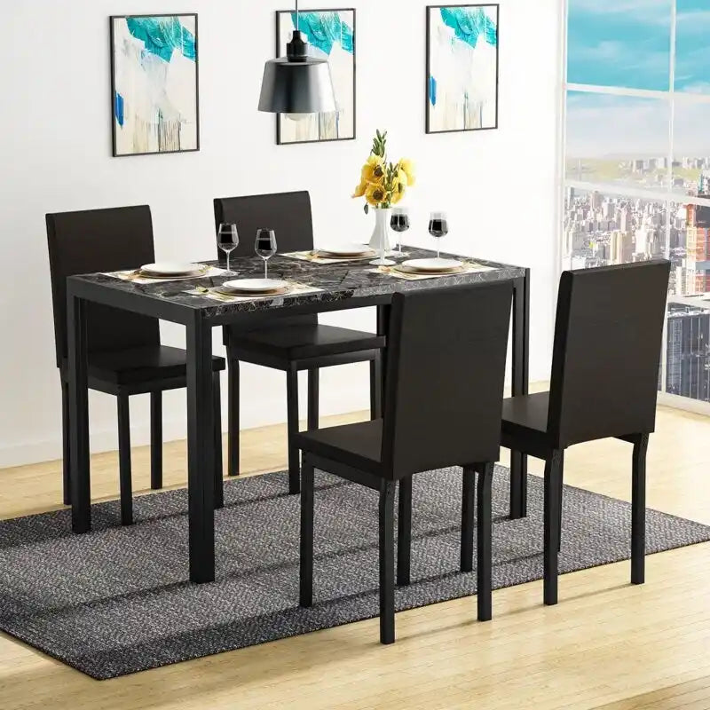 Ensemble de salle à manger 5 pièces avec plateau en faux marbre et 4 chaises rembourrées en cuir PU pour cuisine et salle à manger