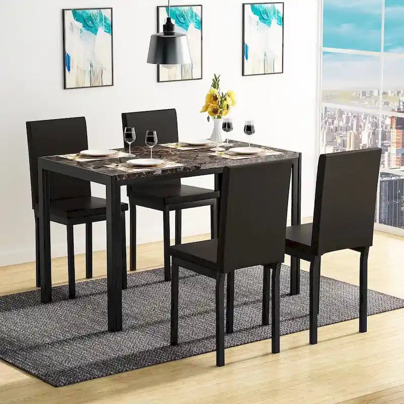 Ensemble de salle à manger 5 pièces avec plateau en faux marbre et 4 chaises rembourrées en cuir PU pour cuisine et salle à manger