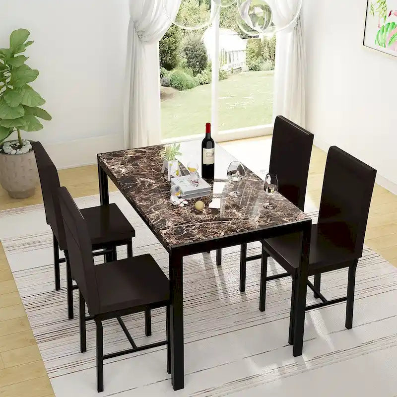 Ensemble de salle à manger 5 pièces avec plateau en faux marbre et 4 chaises rembourrées en cuir PU pour cuisine et salle à manger