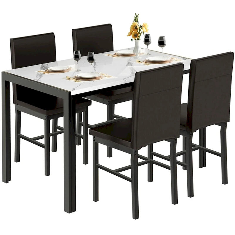 Ensemble de salle à manger 5 pièces avec plateau en faux marbre et 4 chaises rembourrées en cuir PU pour cuisine et salle à manger