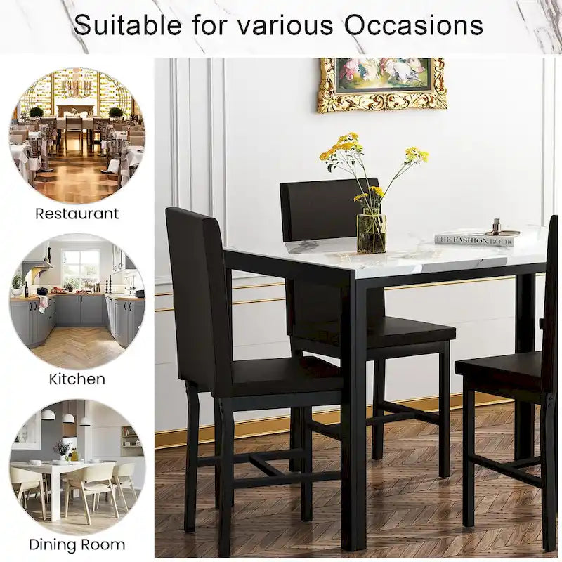 Ensemble de salle à manger 5 pièces avec plateau en faux marbre et 4 chaises rembourrées en cuir PU pour cuisine et salle à manger