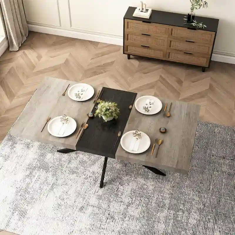 Table à manger extensible rectangulaire rétro avec boîte de rangement