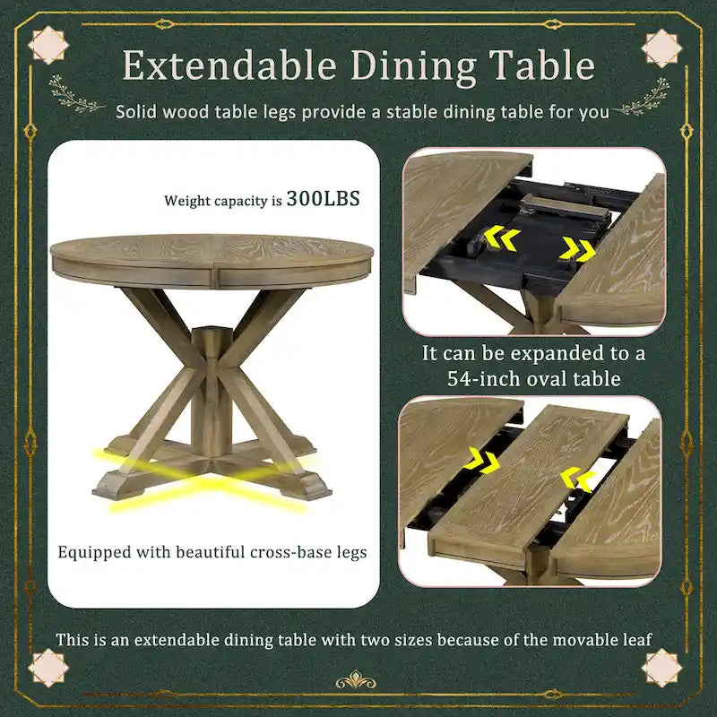 Table à manger extensible de style rétro avec rallonge de 12 pouces