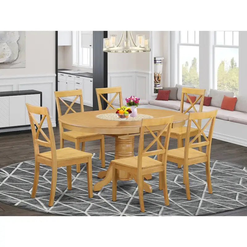  7 Piece Dining Table Set Consist of an Oval Kitchen Table with Butterfly Leaf and 6 Dining Chairs, Oak
