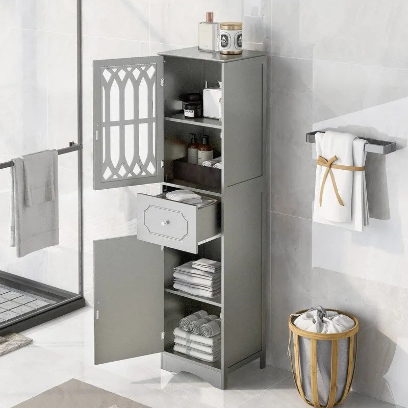 Meuble Colonne de Salle de Bain Grondin en Panneau MDF de 162 cm de Haut, Meuble de Rangement de Salle de Bain Autonome avec Tiroir et Porte en Acrylique