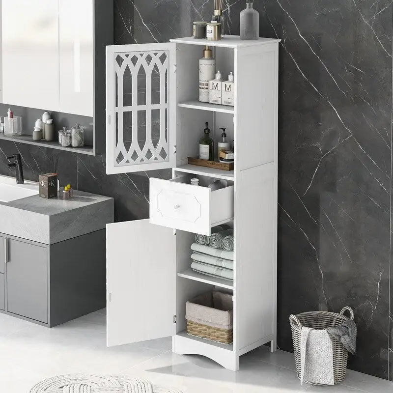 Meuble Colonne de Salle de Bain Grondin en Panneau MDF de 162 cm de Haut, Meuble de Rangement de Salle de Bain Autonome avec Tiroir et Porte en Acrylique