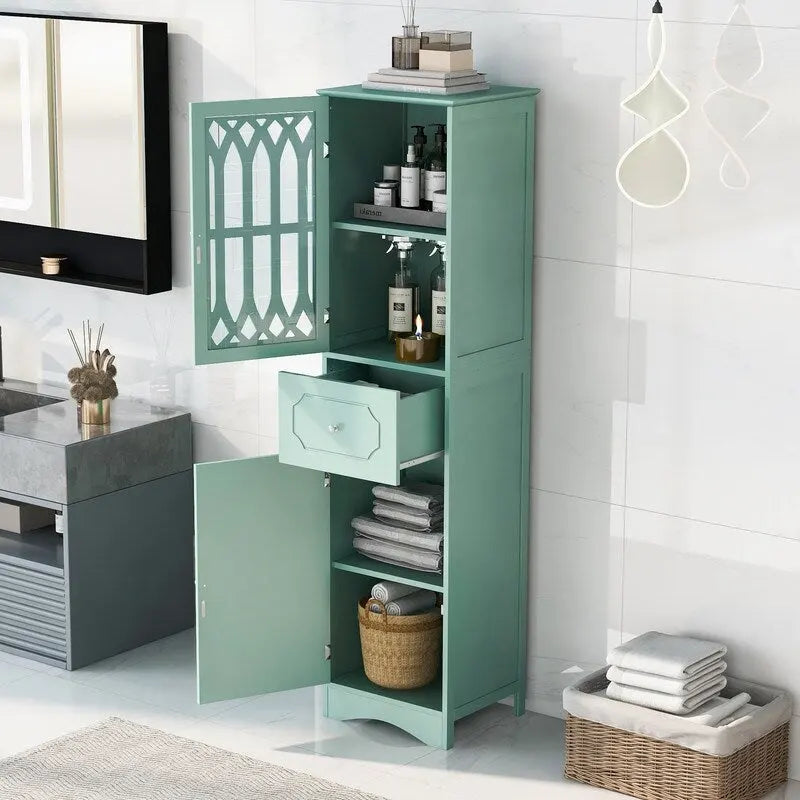 Meuble Colonne de Salle de Bain Grondin en Panneau MDF de 162 cm de Haut, Meuble de Rangement de Salle de Bain Autonome avec Tiroir et Porte en Acrylique