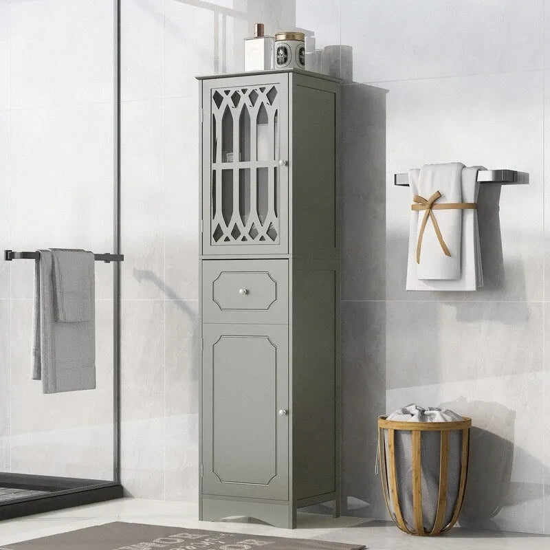 Meuble Colonne de Salle de Bain Grondin en Panneau MDF de 162 cm de Haut, Meuble de Rangement de Salle de Bain Autonome avec Tiroir et Porte en Acrylique