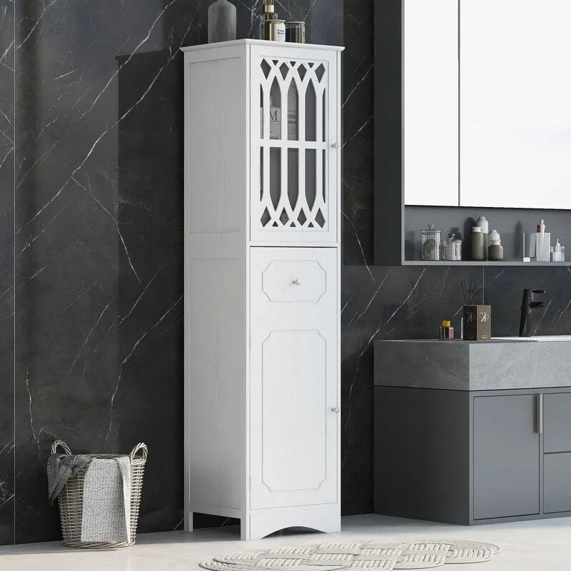 Meuble Colonne de Salle de Bain Grondin en Panneau MDF de 162 cm de Haut, Meuble de Rangement de Salle de Bain Autonome avec Tiroir et Porte en Acrylique