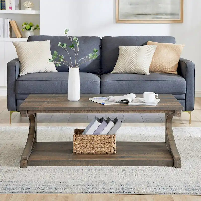 Table basse unique en bois massif avec étagère de rangement