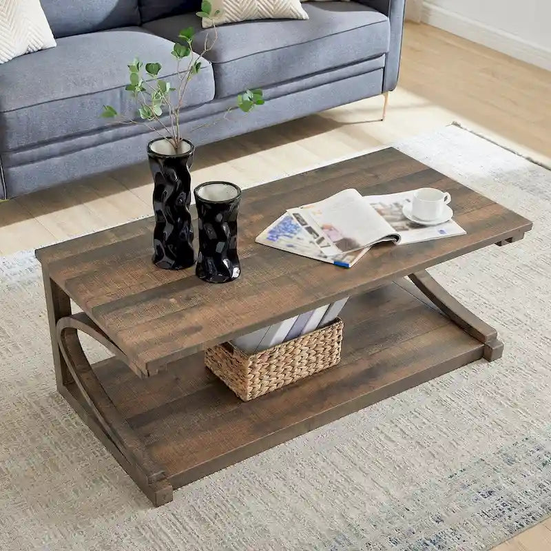 Table basse unique en bois massif avec étagère de rangement