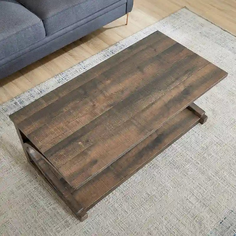 Table basse unique en bois massif avec étagère de rangement