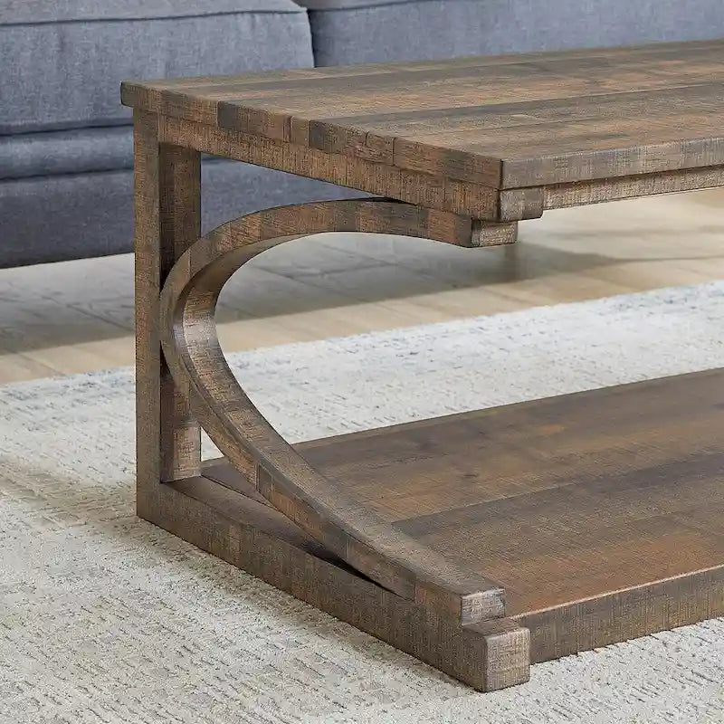 Table basse unique en bois massif avec étagère de rangement