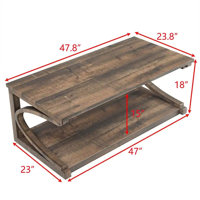 Table basse unique en bois massif avec étagère de rangement