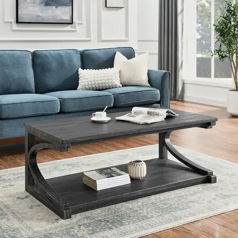 Table basse unique en bois massif avec étagère de rangement